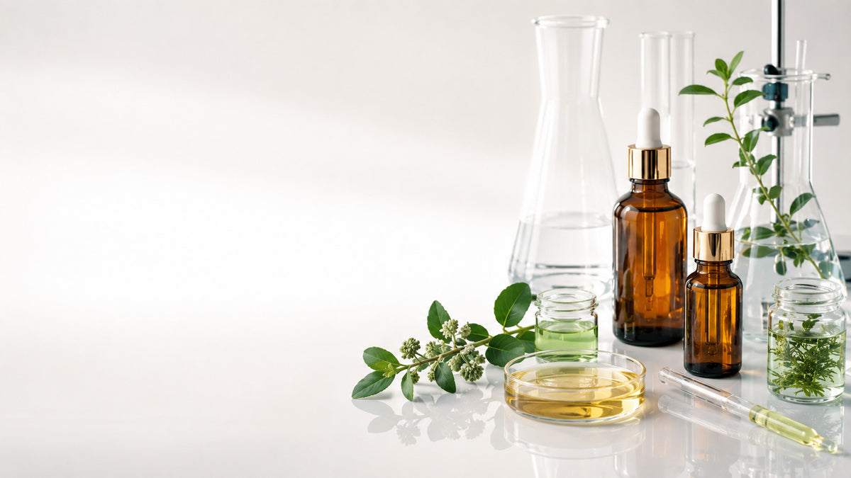 Kozmetik laboratuvarı – amber damlalıklı şişeler, erlenmayer ve bitkiler
